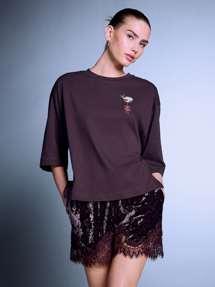 Chocolate Brown Espresso Martini Beaded Short Sleeve T-Shirt - Image 2 of 6 Chocolate Brown Espresso Martini Beaded Short Sleeve T-Shirt - Image 2 of 6