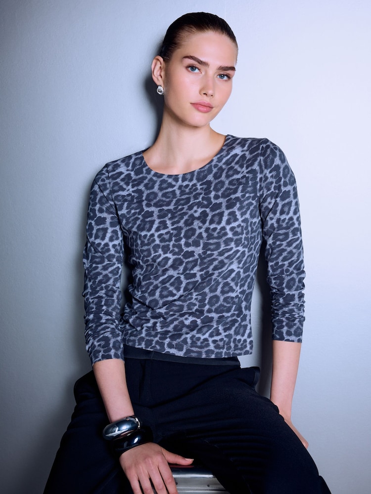 Animal Print Fitted Crew Neck Long Sleeve T-Shirt - Image 1 of 4 Animal Print Fitted Crew Neck Long Sleeve T-Shirt - Image 1 of 4