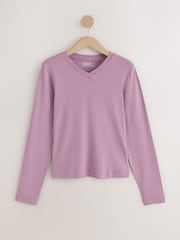 深紫色 - Long Sleeve High V-Neck T-Shirt - 圖片 1，共 3