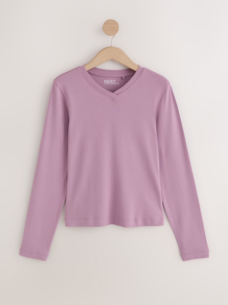 深紫色 - Long Sleeve High V-Neck T-Shirt - 圖片 1，共 3