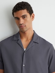 Reiss Airforce Blue River Stretch Textured Cuban-Collar Shirt - Image 1 of 6