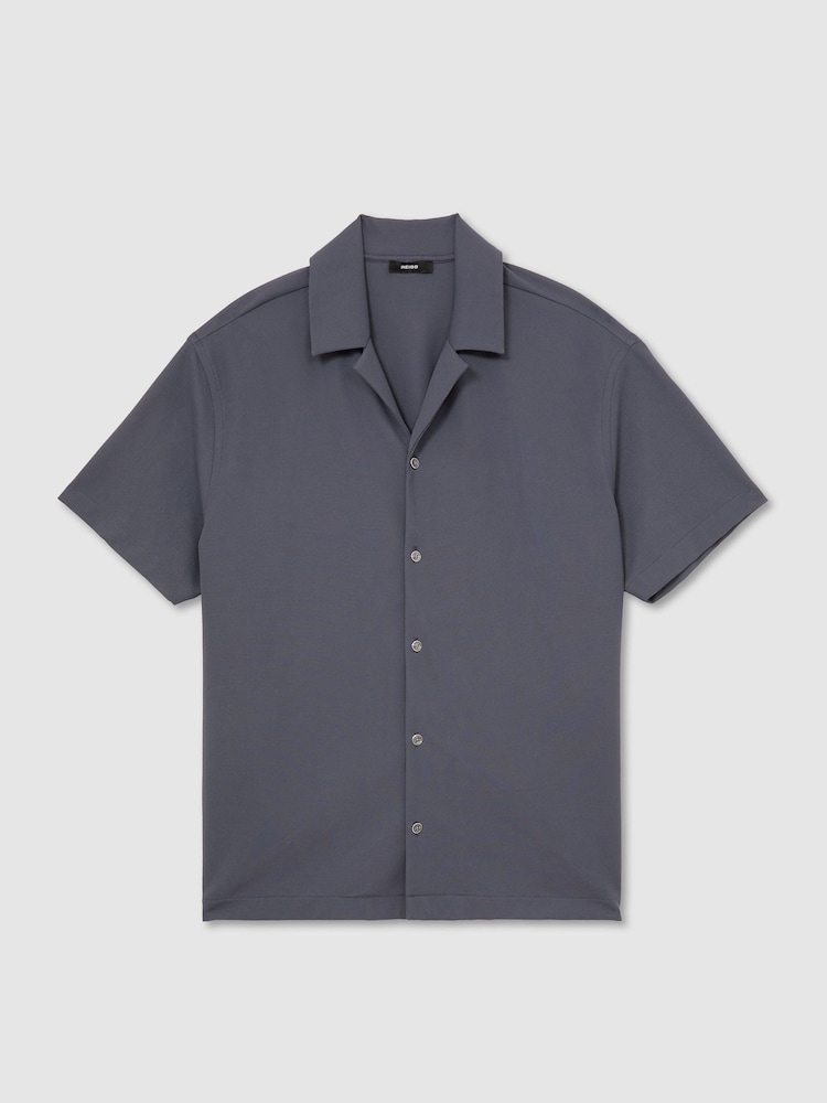 Reiss Airforce Blue River Stretch Textured Cuban-Collar Shirt - Image 2 of 6 Reiss Airforce Blue River Stretch Textured Cuban-Collar Shirt - Image 2 of 6