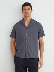 Reiss Airforce Blue River Stretch Textured Cuban-Collar Shirt - Image 3 of 6