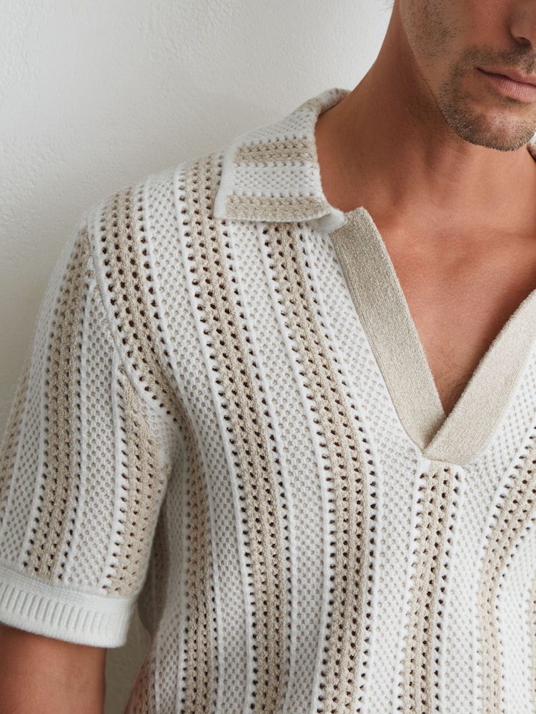 Reiss Stone/White Globe Cotton-Blend Crochet Stripe Polo Shirt - Image 1 of 5 Reiss Stone/White Globe Cotton-Blend Crochet Stripe Polo Shirt - Image 1 of 5