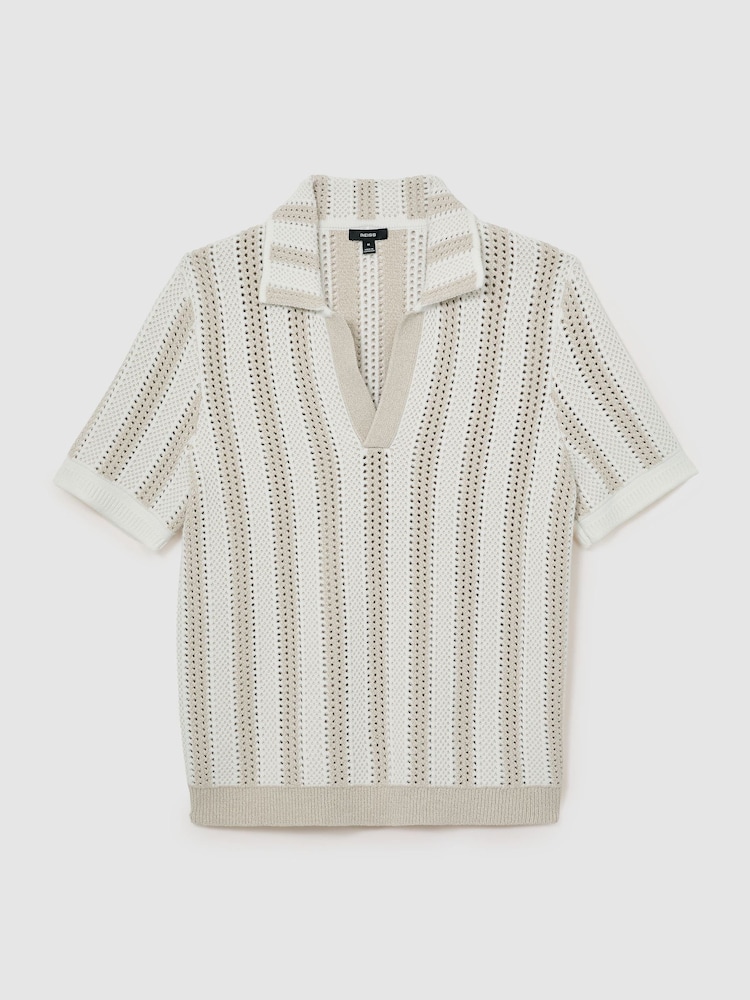 Reiss Stone/White Globe Cotton-Blend Crochet Stripe Polo Shirt - Image 2 of 5 Reiss Stone/White Globe Cotton-Blend Crochet Stripe Polo Shirt - Image 2 of 5