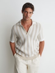 Reiss Stone/White Globe Cotton-Blend Crochet Stripe Polo Shirt - Image 3 of 5