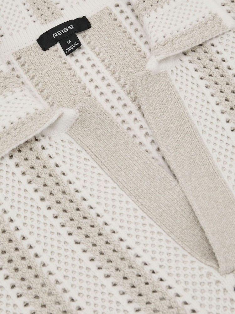 Reiss Stone/White Globe Cotton-Blend Crochet Stripe Polo Shirt - Image 5 of 5 Reiss Stone/White Globe Cotton-Blend Crochet Stripe Polo Shirt - Image 5 of 5