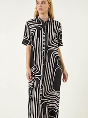 Roman Black Abstract Print Midi Shirt Dress - Image 2 of 5
