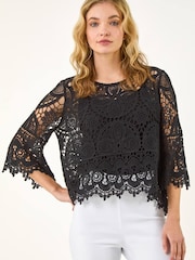 Roman Black Floral Crochet Top - Image 4 of 5