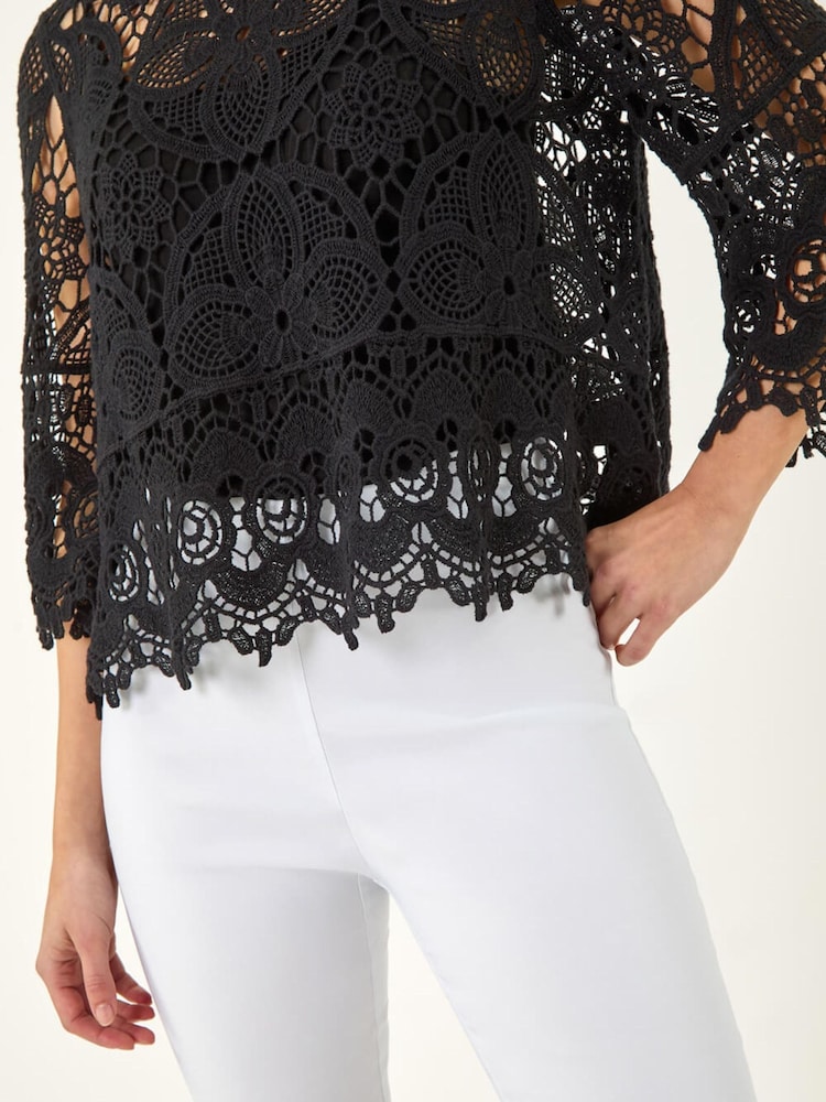 Roman Black Floral Crochet Top - Image 5 of 5