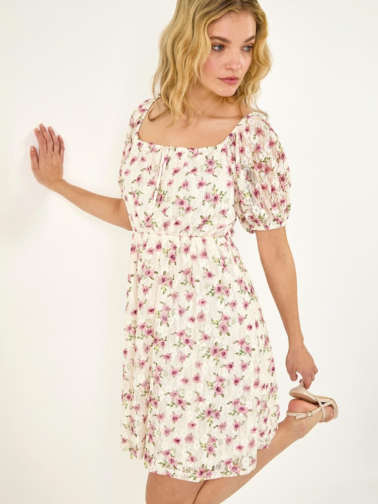 Roman White Lace Rose Print Dress - Image 1 of 5
