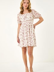 Roman White Lace Rose Print Dress - Image 3 of 5