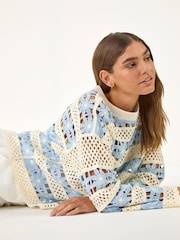 أزرق - Roman Floral Stripe Crochet Knit Jumper - Image 1 of 5