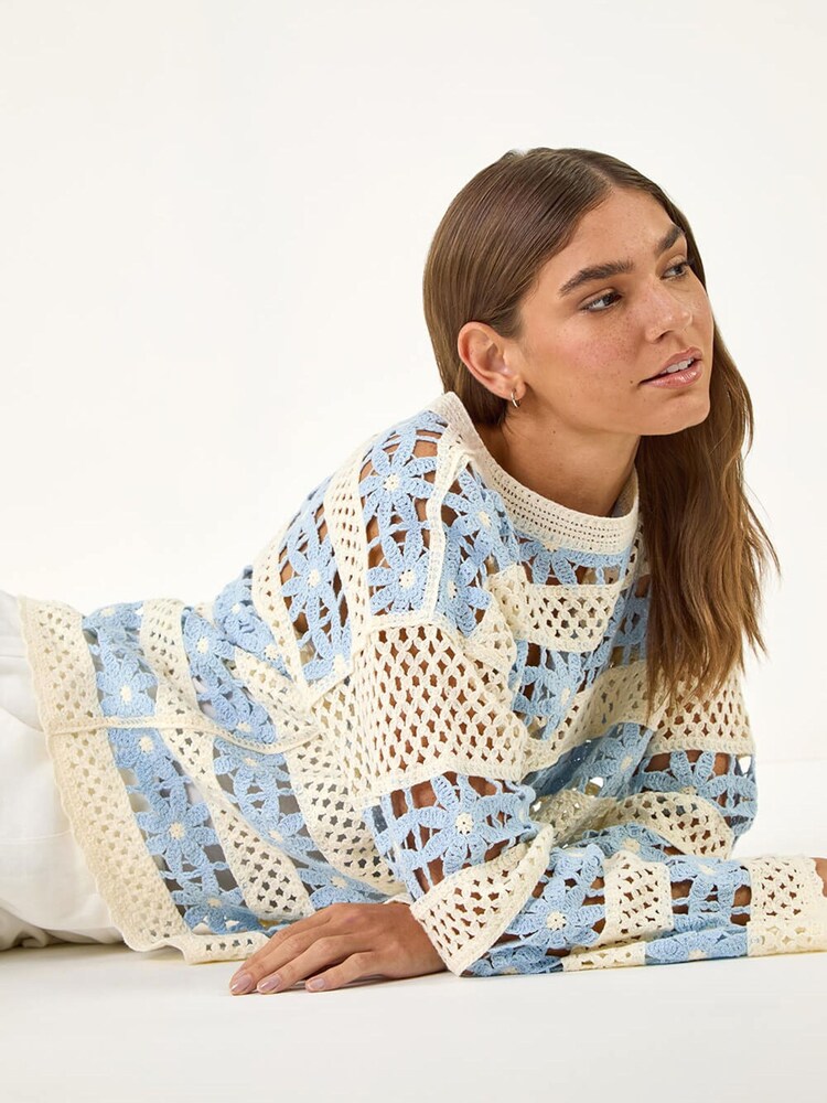 أزرق - Roman Floral Stripe Crochet Knit Jumper - Image 1 of 5