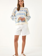 أزرق - Roman Floral Stripe Crochet Knit Jumper - Image 2 of 5