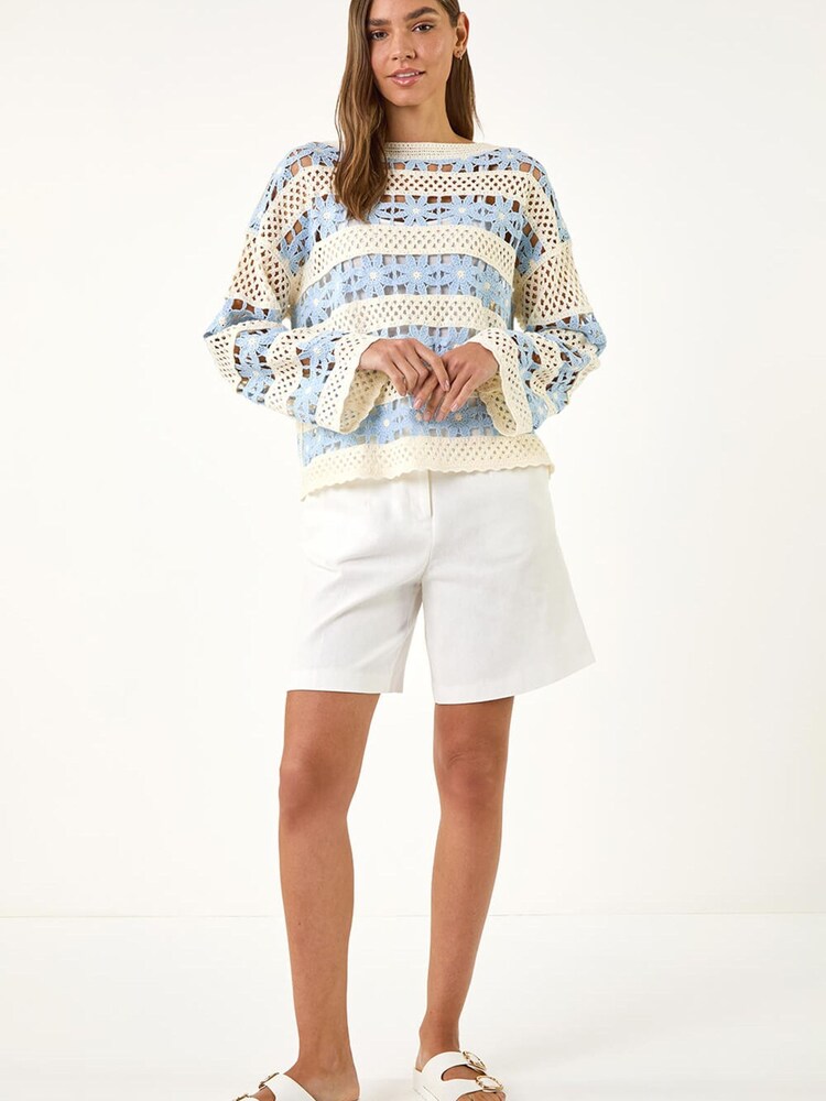 أزرق - Roman Floral Stripe Crochet Knit Jumper - Image 2 of 5