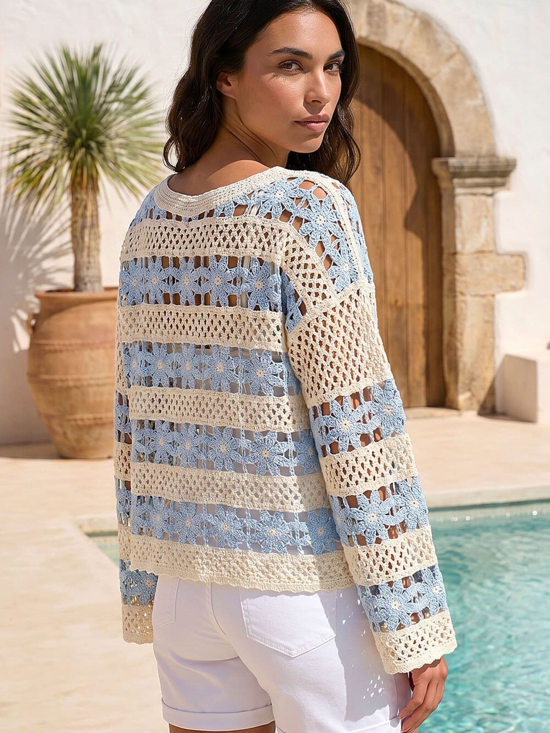 Buy Roman Blue Floral Stripe Crochet Knit Jumper from the Next UK