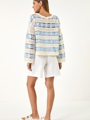 أزرق - Roman Floral Stripe Crochet Knit Jumper - Image 3 of 5