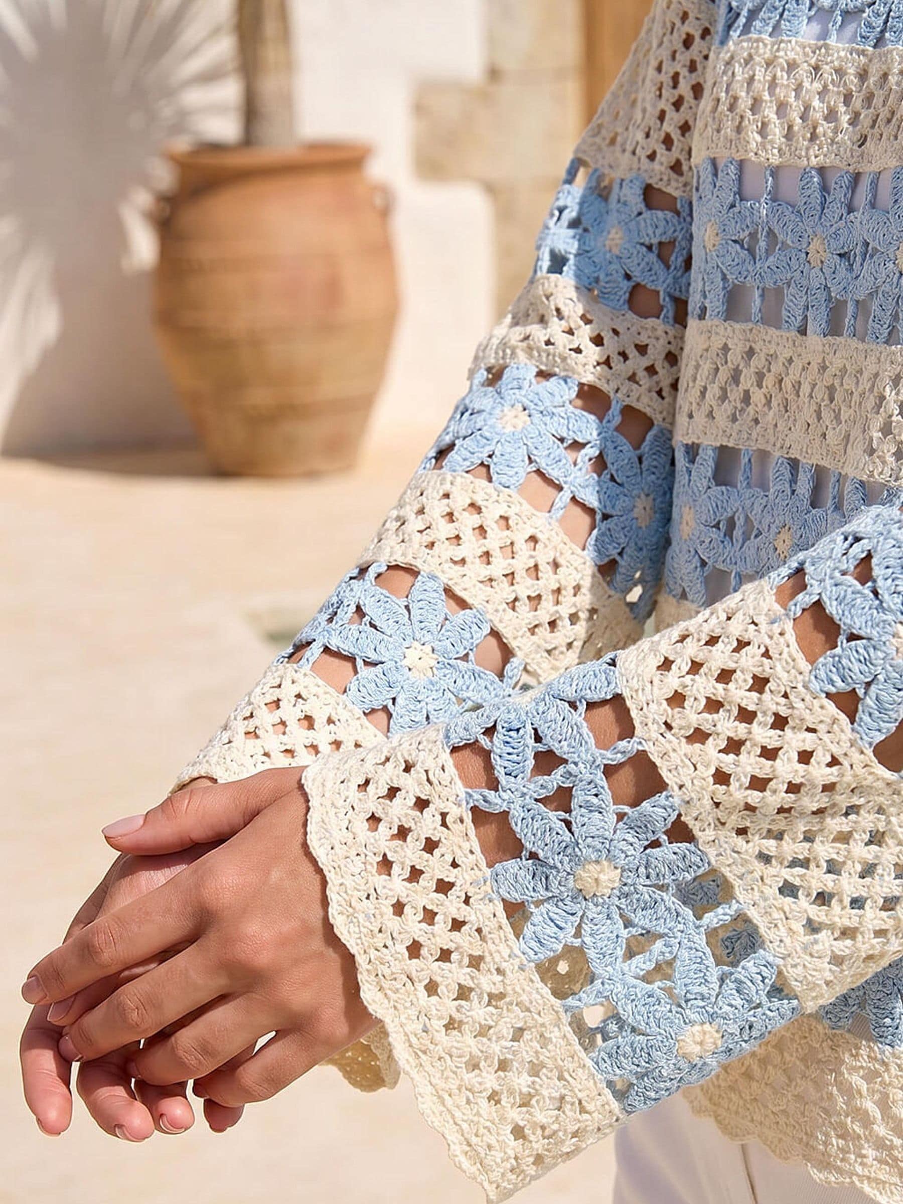 Buy Roman Blue Floral Stripe Crochet Knit Jumper from the Next UK