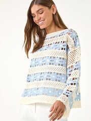 أزرق - Roman Floral Stripe Crochet Knit Jumper - Image 4 of 5