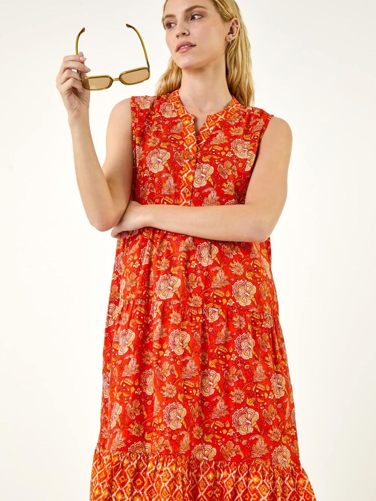 Roman Orange Floral Print Contrast Swing Dress - Image 1 of 5