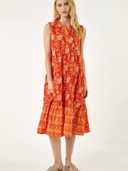 Roman Orange Floral Print Contrast Swing Dress - Image 2 of 5