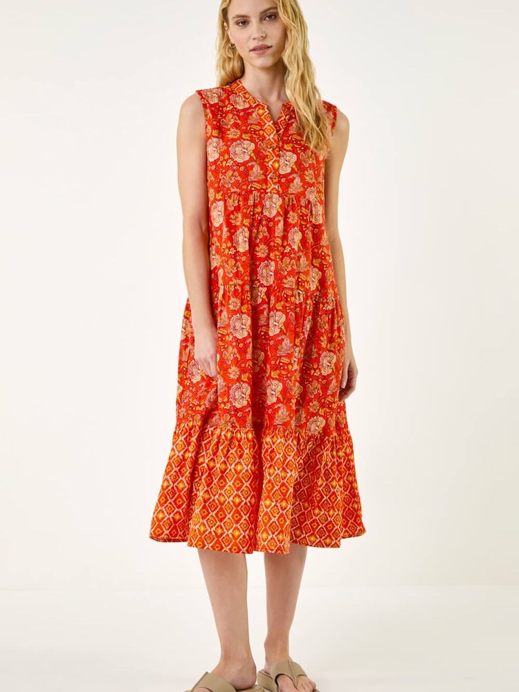 Roman Orange Floral Print Contrast Swing Dress - Image 2 of 5