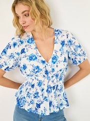 Roman Blue Floral Print Shirred Peplum Top - Image 1 of 5