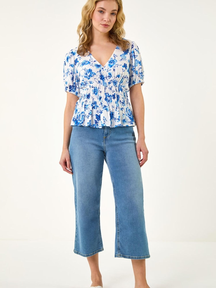 Roman Blue Floral Print Shirred Peplum Top - Image 2 of 5