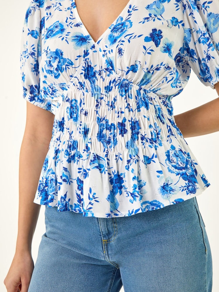 Roman Blue Floral Print Shirred Peplum Top - Image 5 of 5