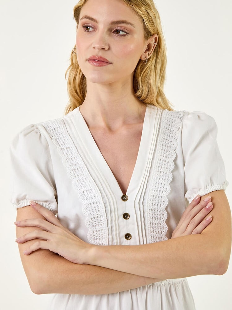 Roman White Cotton Crochet Trim Dress - Image 2 of 3