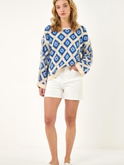 Roman Blue Diamond Crochet Knit Top - Image 2 of 5