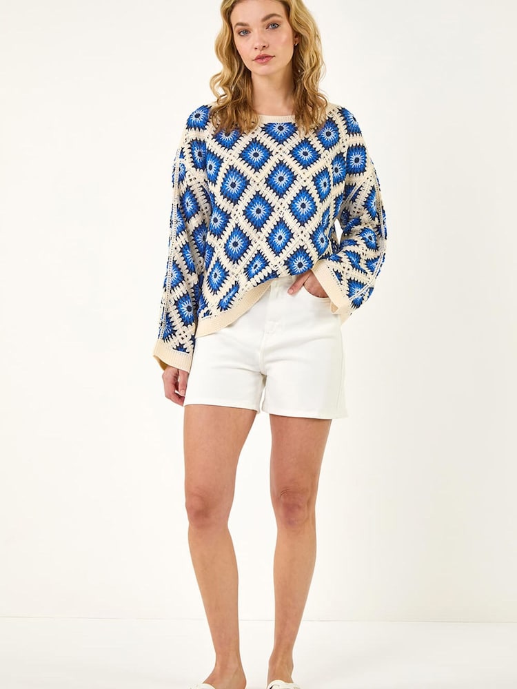 Roman Blue Diamond Crochet Knit Top - Image 2 of 5 Roman Blue Diamond Crochet Knit Top - Image 2 of 5