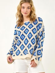 Roman Blue Diamond Crochet Knit Top - Image 4 of 5
