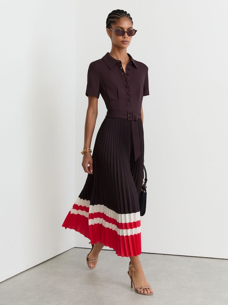 Reiss Grape Burgundy Ayla Striped-Hem Pleated Midi Dress - Image 1 of 7 Reiss Grape Burgundy Ayla Striped-Hem Pleated Midi Dress - Image 1 of 7
