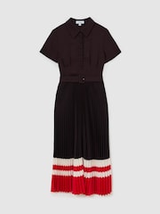 Reiss Grape Burgundy Ayla Striped-Hem Pleated Midi Dress - Image 2 of 7
