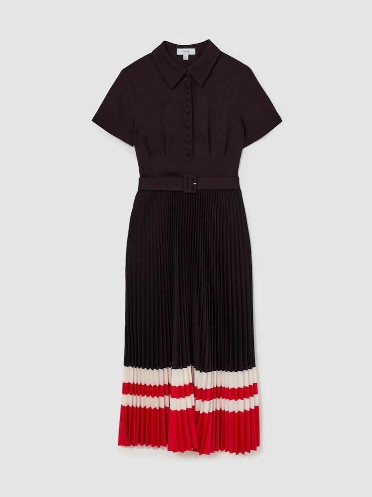 Reiss Grape Burgundy Ayla Striped-Hem Pleated Midi Dress - Image 2 of 7 Reiss Grape Burgundy Ayla Striped-Hem Pleated Midi Dress - Image 2 of 7