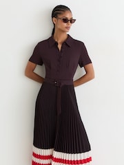 Reiss Grape Burgundy Ayla Striped-Hem Pleated Midi Dress - Image 3 of 7