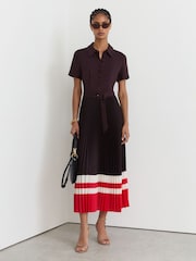 Reiss Grape Burgundy Ayla Striped-Hem Pleated Midi Dress - Image 4 of 7