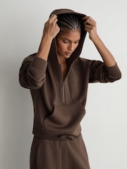 Reiss Mocha Brown Lockie Premium Interlock Half-Zip Hoodie - Image 1 of 7