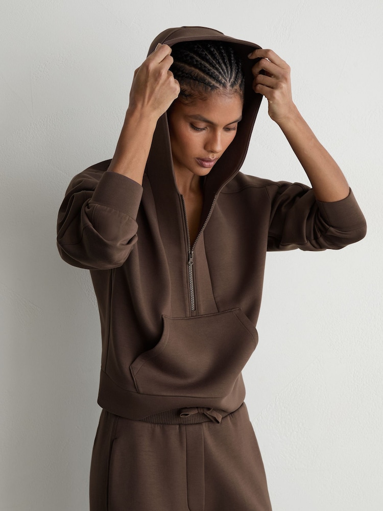 Reiss Mocha Brown Lockie Premium Interlock Half-Zip Hoodie - Image 1 of 7
