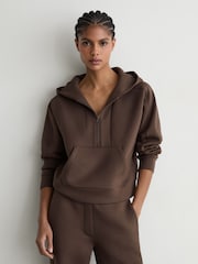 Reiss Mocha Brown Lockie Premium Interlock Half-Zip Hoodie - Image 4 of 7
