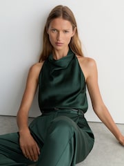 Reiss Teal Green Kory Silk Cowl-Neck Sleeveless Top - Image 3 of 7