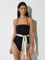 Reiss Black Print Etienne Bandeau Scarf-Belt Halterneck Swimsuit - Image 1 of 7