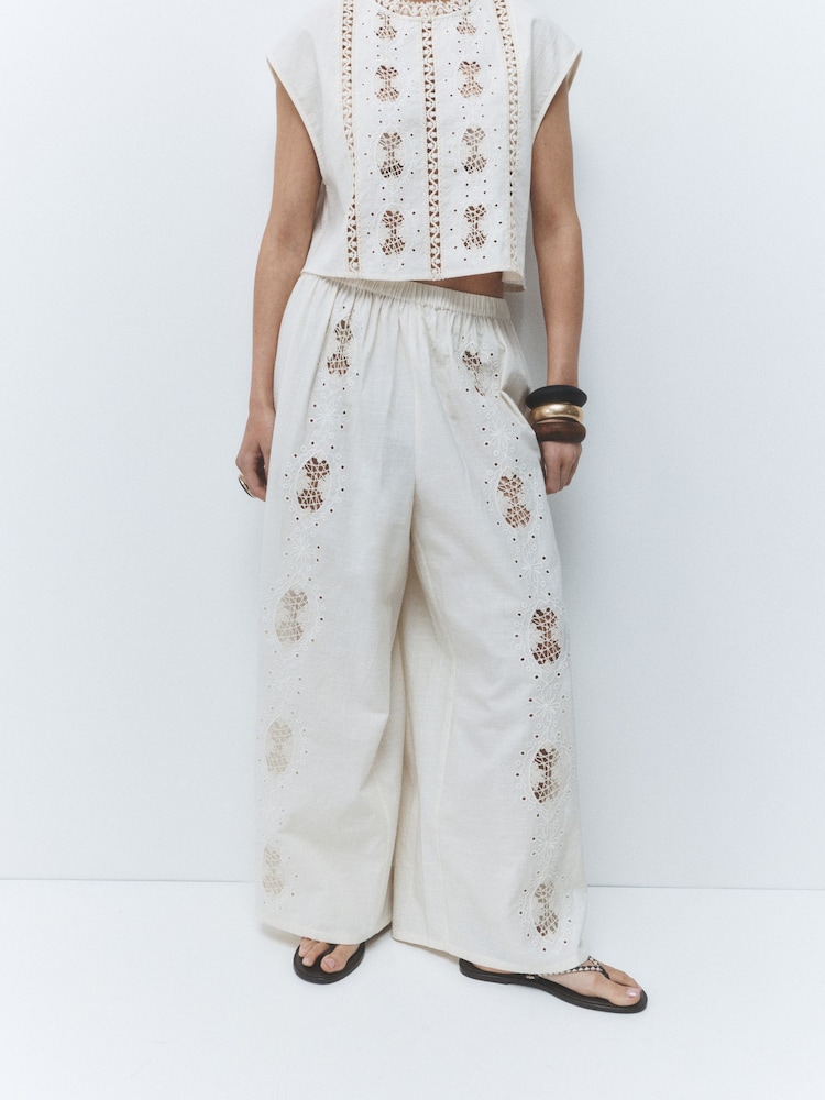 Cream Broderie Wide Leg Trousers - Image 1 of 5