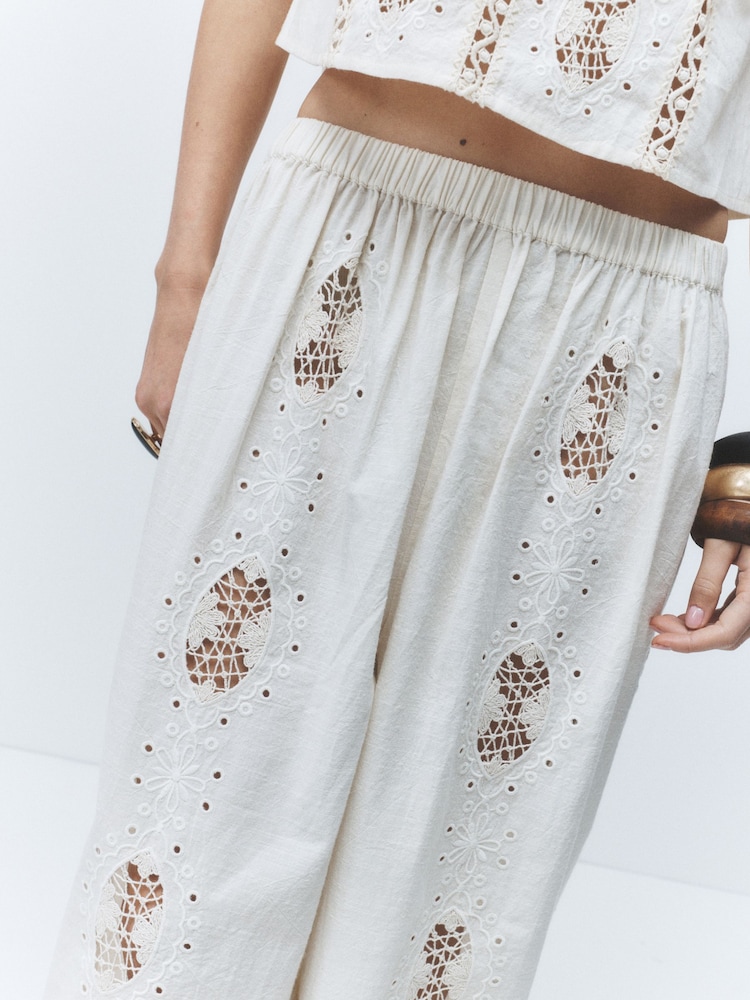 Cream Broderie Wide Leg Trousers - Image 5 of 5