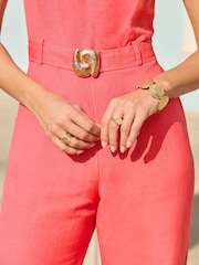 Sosandar Red Linen Blend Belted Square Neck Jumpsuit - Image 4 of 5