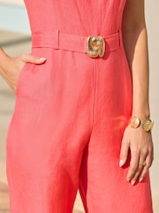 Sosandar Red Linen Blend Belted Square Neck Jumpsuit - Image 5 of 5