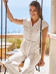 Sosandar White Belted Soft Denim Wide Leg Jumpsuit - Image 5 of 5