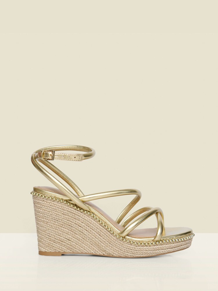 Sosandar Gold Metallic Strappy Stud Embellished Detail Wedge Espadrilles - Image 1 of 4 Sosandar Gold Metallic Strappy Stud Embellished Detail Wedge Espadrilles - Image 1 of 4
